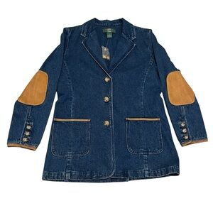 Vintage Orvis Womens Safari Style Blue Denim Jacket- Leather Trim- Size 8 NWOT